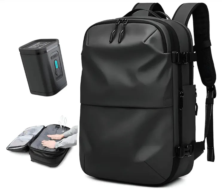 Airback Vacuum Seal Travel Backpack 60L Expandable Air Compression System Water Resistant TSA Lock Carry-On Suitcase Luggage Black AERO - Vacuum Pump Included