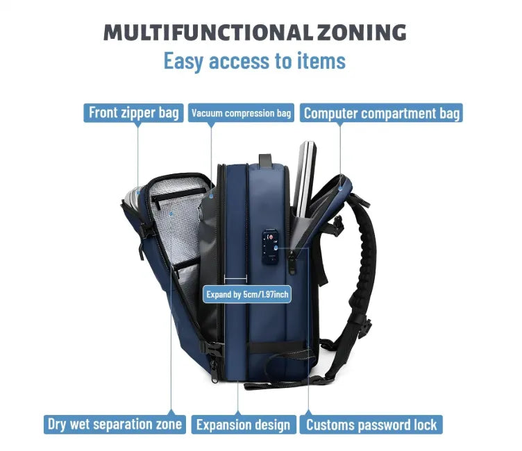 Airback Vacuum Seal Travel Backpack 60L Expandable Air Compression System Water Resistant TSA Lock Carry-On Suitcase Luggage Black AERO - Vacuum Pump Included