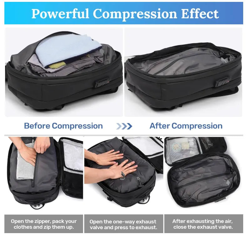 Airback Vacuum Seal Travel Backpack 60L Expandable Air Compression System Water Resistant TSA Lock Carry-On Suitcase Luggage Black AERO - Vacuum Pump Included